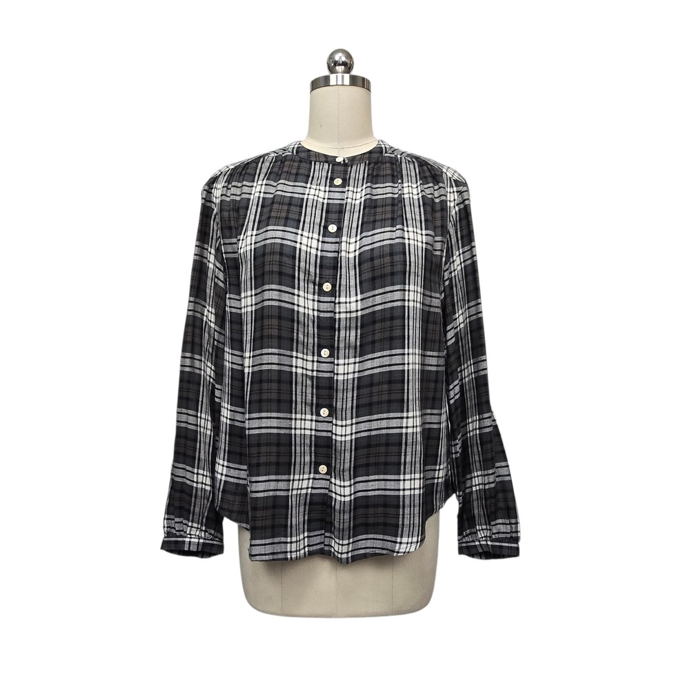 Faherty Women Black White Plaid Modal Linen Band Collar Button Down Blouse Small